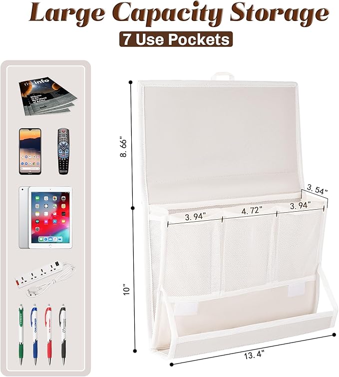 Bedside Caddy Bedside Storage Organizer Bedside Organizer with Power Strip Holder and 2 Adjustable Straps for Home Bunk Bed College Dorm Sofa (White)