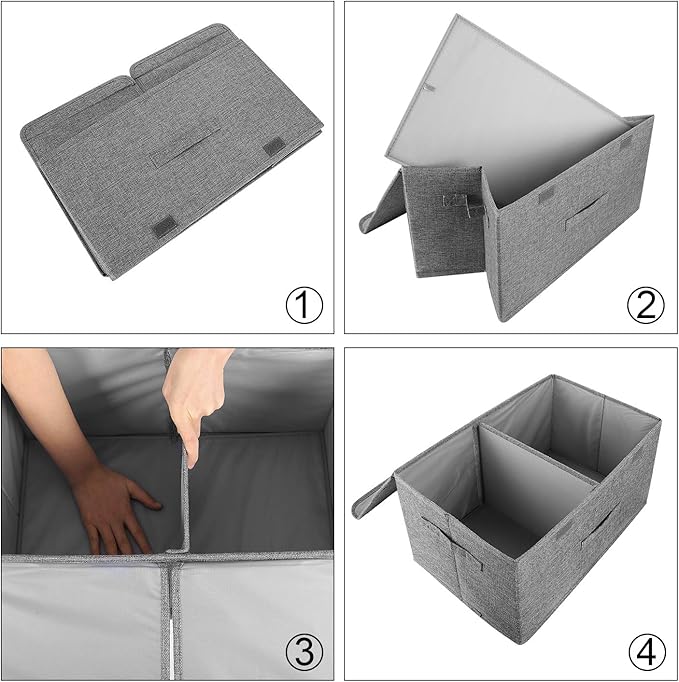 2 Pack Large Storage Boxes with Lids and Handles, Collapsible Linen Storage Bins Organizer Containers Baskets Cube with Removable Divider for Home Bedroom Closet Office (Khaki, Large)