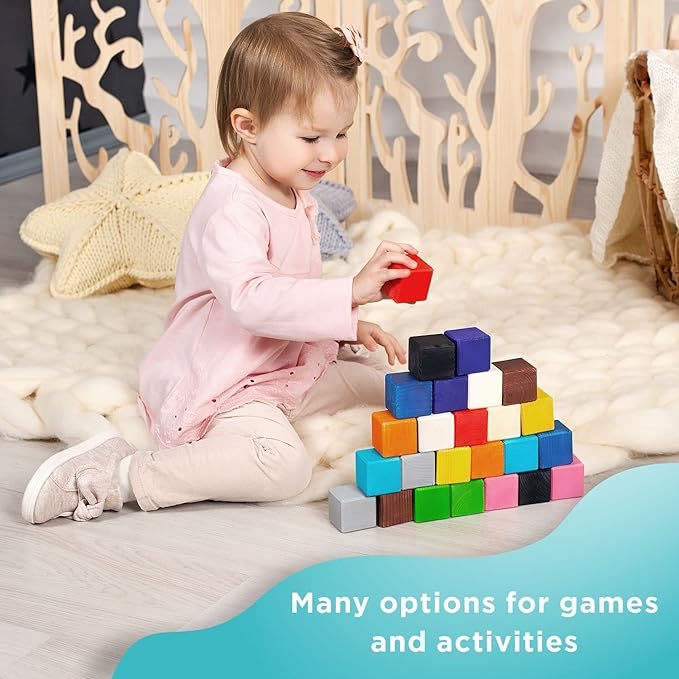 Ulanik Large Colored Cubes Toddler Montessori Toys for 3 Year Old + Kids Wooden Building Blocks Game for Learning Color Sorting and Counting — 25 pcs, 1.6 in