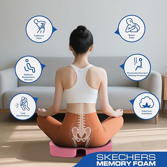 Skechers Seat Cushion, Ergonomic Memory Foam Cushion for Long Sitting Hours on Office & Home Chair, Car Seat Cushion for Sciatica, Coccyx Cushion,Pink
