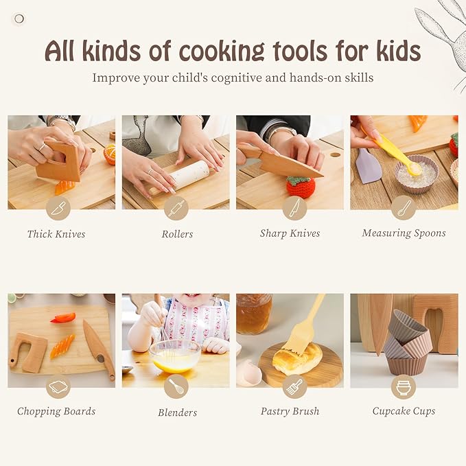 IEATFO Wooden Kids Cooking & Baking Set for Real Cooking, 14 PCS Toddler Montessori Kitchen Tools,Kids Cooking Utensils with Wooden Knife Set,Cutting Board,Apron and Rolling Pin, Food Grade Materials