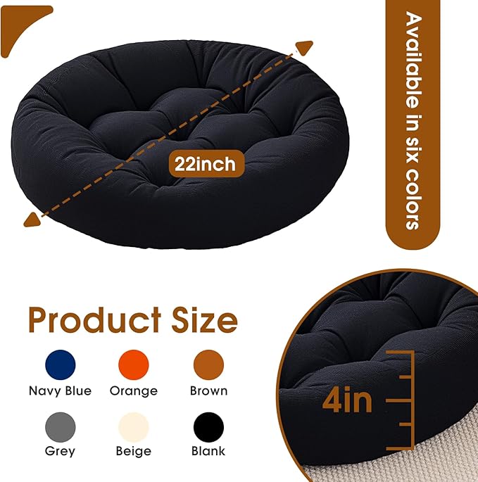 2Pcs Floor Pillows for Adults, 22x22 Inch Meditation Cushions, Large Round Sitting Cushion Living Room Memory Foam Pillow for Sitting (4, Black, 22x22x4 Inch)
