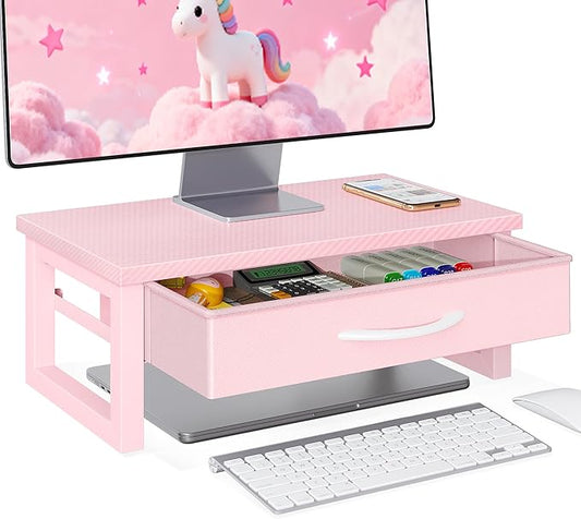 Desk Organizers and Accessories, Computer Monitor Stand Riser with Fabric Drawer, 2-Tier Laptop Stand for Desk, Office Organization Accessories, Pink