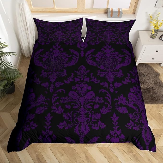 Feelyou Purple Black Vintage Damask Floral Duvet Cover Set Gothic Bohemia Floral Bedding Set Full Size for Kids Boys Girls Oriental Antique Comforter Cover Luxury Flower Quilt Cover,No Comforter