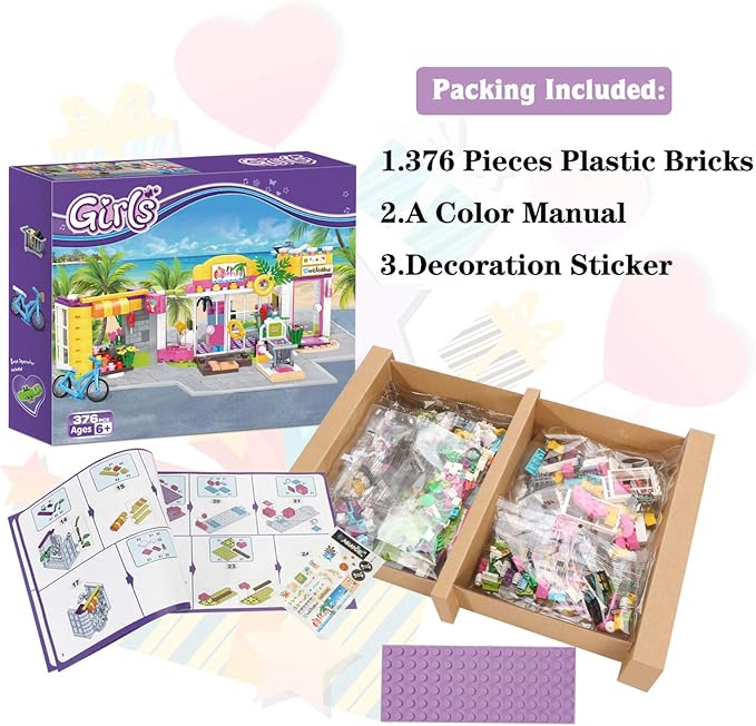 BRICK STORY Girls Friends Supermarket Building Set 376 PCS, Seaside Grocery Store Flower Shop Building Kit, Beach Shopping Mall Toy Educational Building Blocks Gift for Kids Ages 6-12