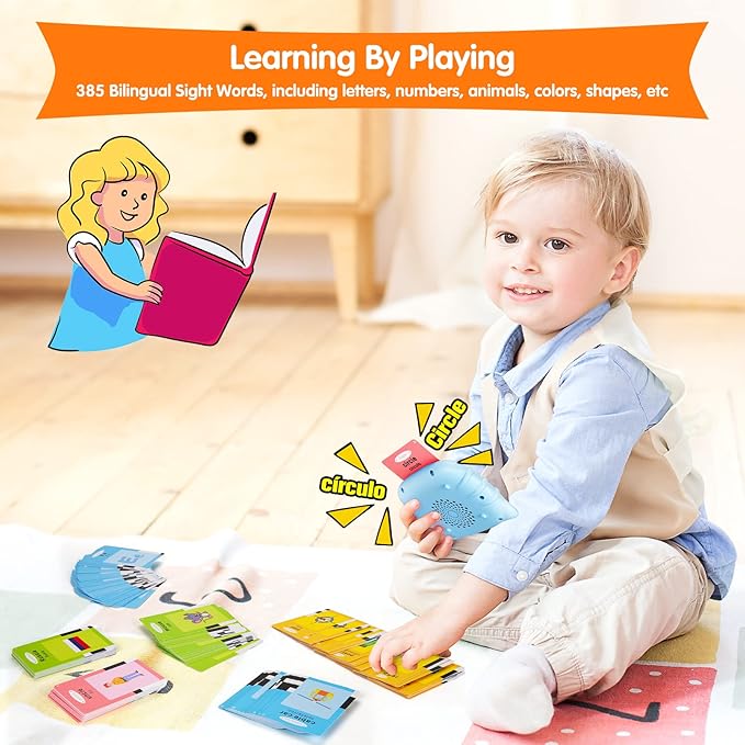 Bilingual Talking Flash Cards with 385 Sight Words (English/Spanish, Letters and Numbers), Montessori Educational Learning Interactive Toddler Toys, Speech Therapy Autism Sensory Toys, Blue