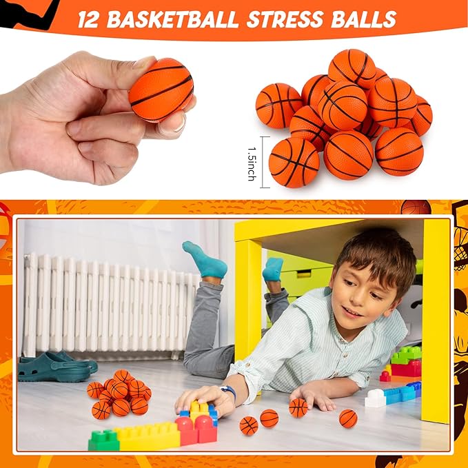 LEIFIDE 48 Pcs Basketball Soccer Football Baseball Party Favors Supplies 12 Silicone Bracelet 12 Drawstring Treat Bag 12 Mini Stress Ball 12 Keychains for Birthday Sports Party Supplies(Basketball)