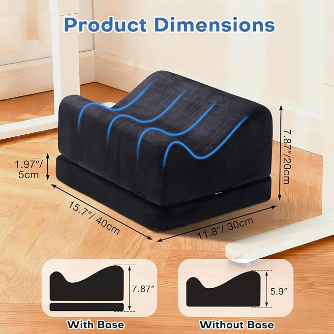 Foot Rest for Under Desk at Work, Foot Mat with Cover for Office Home Chair Sofa, Comfortable Footrest with Adjustable Height, High-Density Foam Leg Elevation Pillow to Relieve Back/Knee Stress, Black