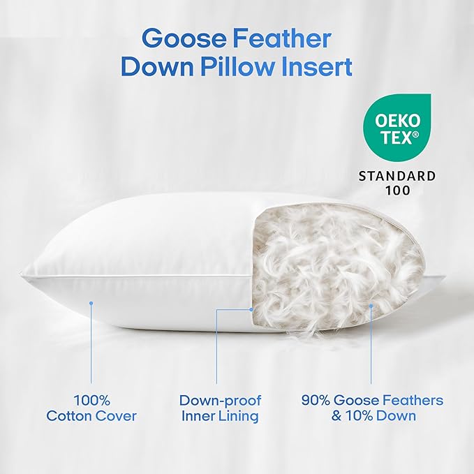 puredown® Cooling Goose Feather Down Pillow, Set of 1, Standard Size Bed Pillow Insert with Soft Cooling Pillowcase for Cool Sleep