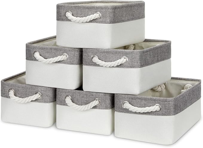 Bidtakay Small Fabric Storage Bins for Closet & Bathroom - Set of 6 Grey & White Baskets - Organizers for Pantry & Kids' Bedroom