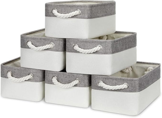 Bidtakay Small Fabric Storage Bins for Closet & Bathroom - Set of 6 Grey & White Baskets - Organizers for Pantry & Kids' Bedroom