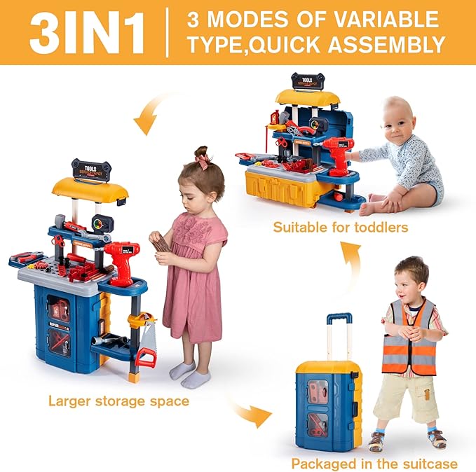 3 in 1 Kids Tool Bench -GEIYATOI, Toddler Workbench with Electric Drill and Realistic Toddler Tool Set for 2 3 4 5 6 Years Old Boys Girls, Construction Toys for Christmas Birthday Party New Year