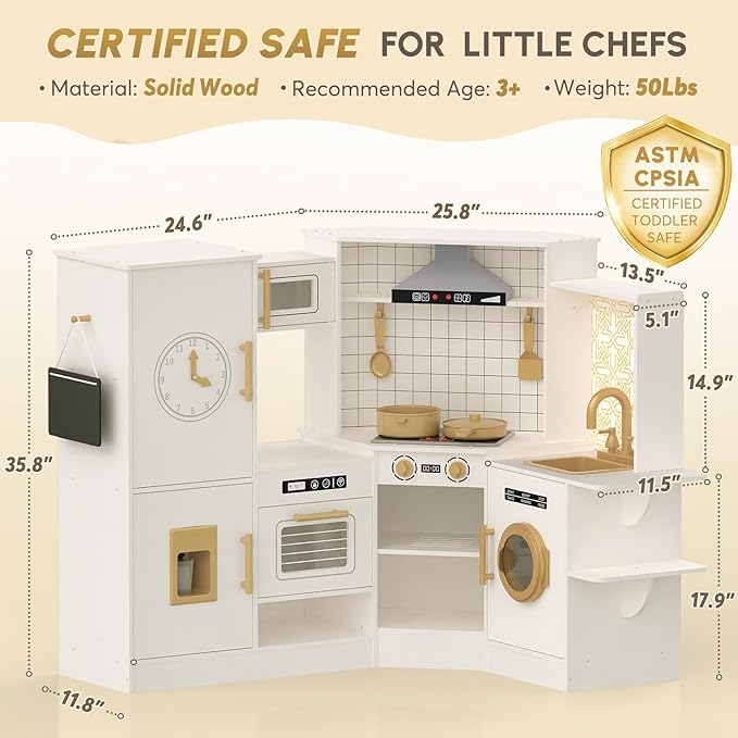 BIERUM Coner Wooden Play Kitchen with Real Lights & Sounds, Trendy Home Style Kitchen Playset, Toy Kitchen with 28 Pcs Toy Food & Cookware Accessories, Gift for Boys & Girls Ages 3+