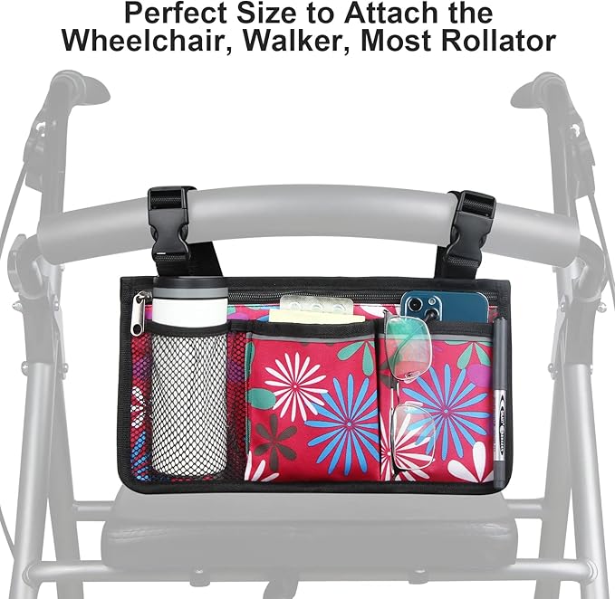 Wheelchair Side Bag, Upgrade Flower Color Wheelchair Armrest Storage Pouch with Cup Holder and Reflective Strip Made with Waterproof Fabric, for Most Wheelchairs, Walkers and Rollators (Red Fireworks)