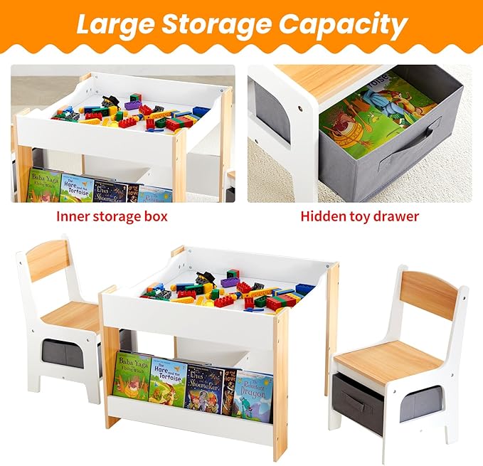 Asweets Kids Table and Chair Set, 4 in 1 Toddler Desk with Storage Drawer,Wooden Activity Table for 2 in 1 Detachable Tabletop,Bookshelf,Suitable for Classroom,Home,Nursery,Playroom (Natural White)