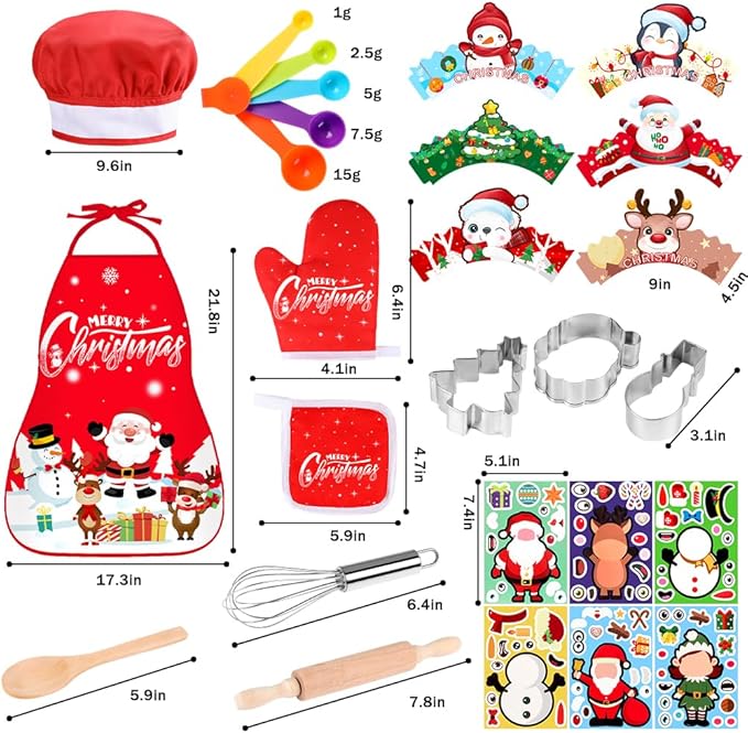 Labeol Christmas Kitchen Kids Cooking Sets Real, 27 PCS Kids Baking Set with Apron, Chef Hats and Oven Mitts for Christmas Dinner Party Baking, Fun Cooking Gifts for Boys Girls