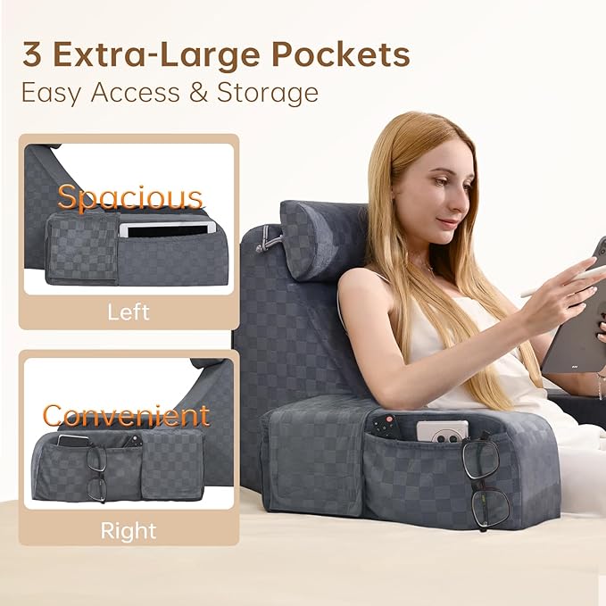 Vekkia Reading Pillow for Adults – Ergonomic 45° Wedge Back Support Chair for Sitting in Bed, XL Side Pockets, Perfect for Working, Gaming, Watching TV, Relaxing, or Recovery, Great Gift Idea, 19”