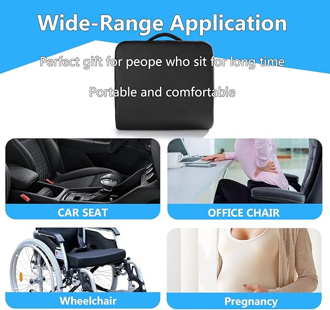 YOUFI Extra Thick Large Seat Cushion -19 X 17.5 X 4 Inch Gel Memory Foam Cushion with Carry Handle Non Slip Bottom - Pain Relief Coccyx Cushion for Wheelchair Office Chair (Black (1PACK))