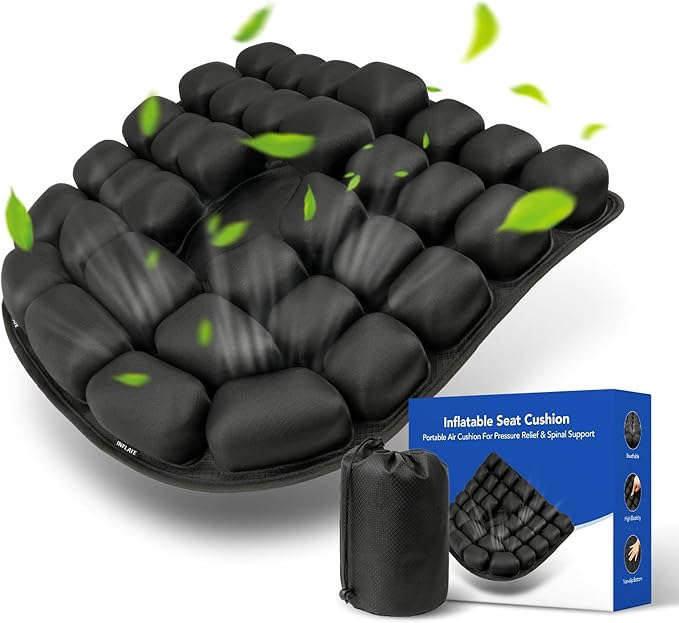 34 Air Cell Self-Inflating Seat Cushion, 3D Air Bubble Design for Tailbone Pain & Hemorrhoid Relief, Pressure Relief Cushion for Office Chair, Car, Wheelchair, Airplane Travel, Home (No Pump Needed)