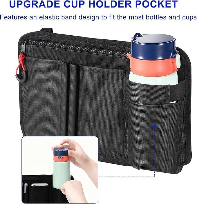 Wheelchair Side Bag with Cup Holder, Premium Wheelchair Armrest Pouch Accessories for Adults，Wheelchair Bags for Walkers, Rollators, Electric Wheelchairs (Black)