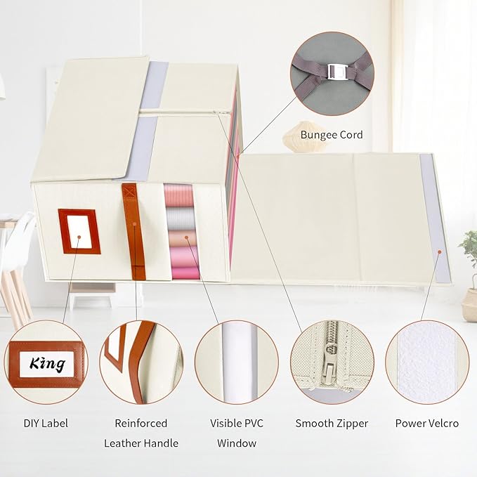 4 Pack Large Bed Sheet Organizer, Foldable King Queen Sheet Organizers and Storage with Oxford Fabric, Clear PVC Window & Leather Handle – Sheet Storage Set for Blankets, Duvet Cover Set