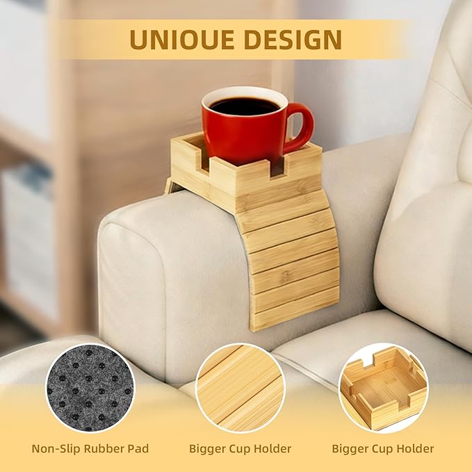 Bamboo Couch Cup Holder & Armrest Tray - Extend Your Comfort with a Secure Drink Slot and Snack Space for Recliner, Loveseat, or Sofa