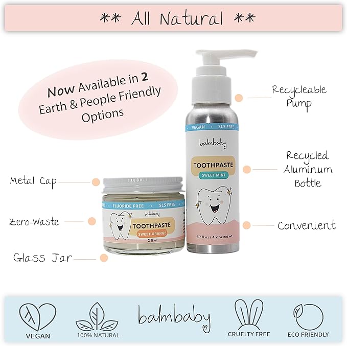 Kids All Natural Fluoride Free Toothpaste with Xylitol, SLS Free, Vegan, Gluten Free, BPA Free, Zero Waste, Mint, 2 fl oz