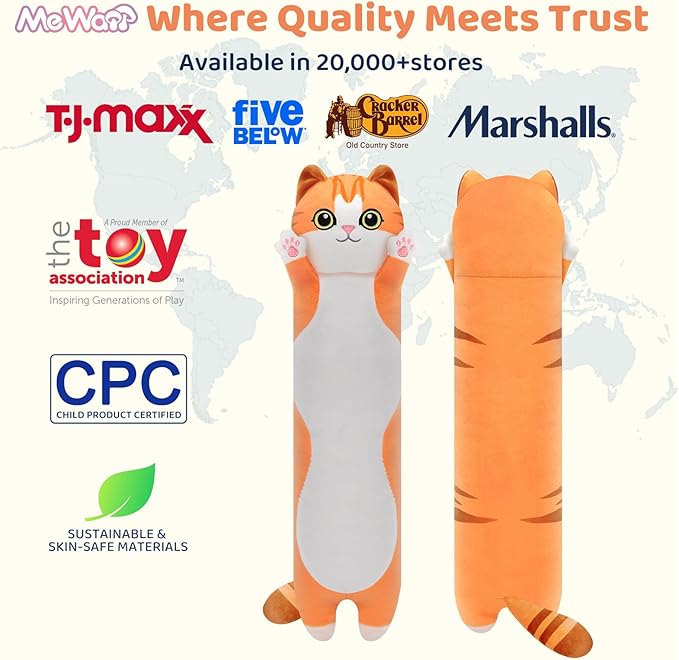 Mewaii Artist-Designed Ultra Soft Long Cat Plush Body Pillow, Extra Stuffing for Comfort, Premium Quality Stuffed Animal Gift for Girlfriend or Cat Lovers (Orange M-Marked Body Pillow 20 Inch)