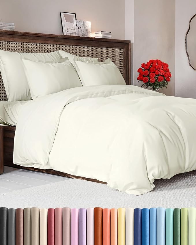 Duvet Cover Full Size Set - Extra Soft Full Size Duvet Cover 80 x 90 with 2 Pillow Shams - Hotel Luxury Quality Easy Care and Fade Free w/Zipper Closures & Ties - Comfy Breathable Bedding Set (Ivory)