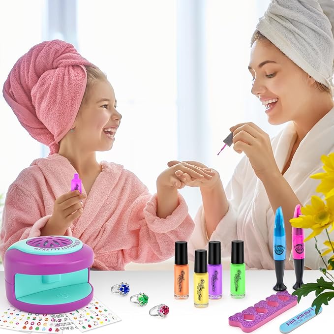 Kids Nail Polish Set for Girls Nail Art Kits with Nail Dryer, Quick Dry & Peel Off & Non-Toxic Nail Polish,2 in 1 Nail Art Pen - Charm Bracelet Making Kit & Ring Birthday Gifts for Girls Ages 7-12