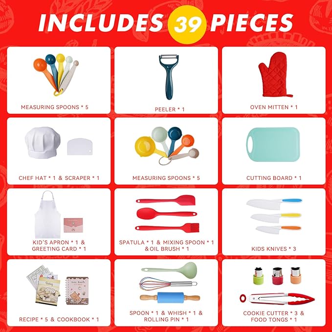 Kids Cooking & Baking Set Real Cooking Utensils Guide - Complete Cooking Supplies for The Junior Chef - Kids Baking Tools for Girls & Boys - Real Kitchen Accessories Kit for The Curious Child