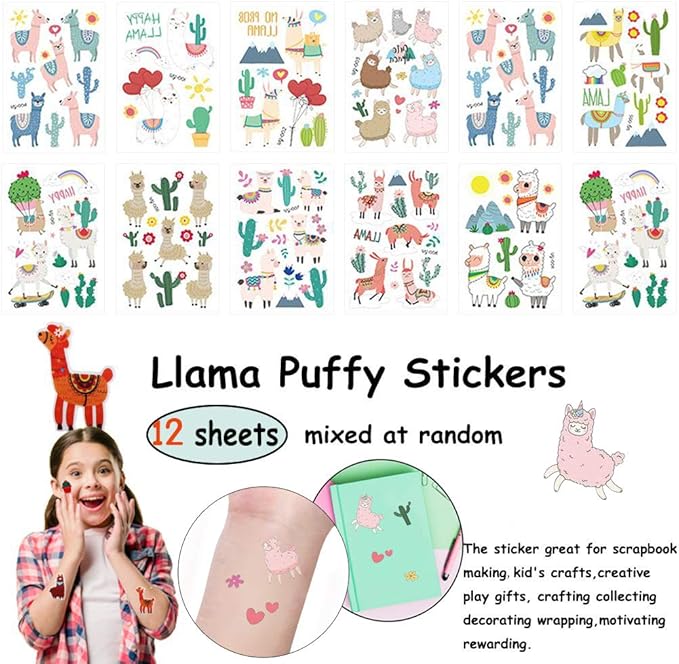 Llama Party Favors Supplies - Llama Bracelet Ring Necklace Keychains Hair Clips Puffy Sticker Gift Bag Alpaca Toys Gift for Kids Birthday School Prizes Rewards(60 pcs)