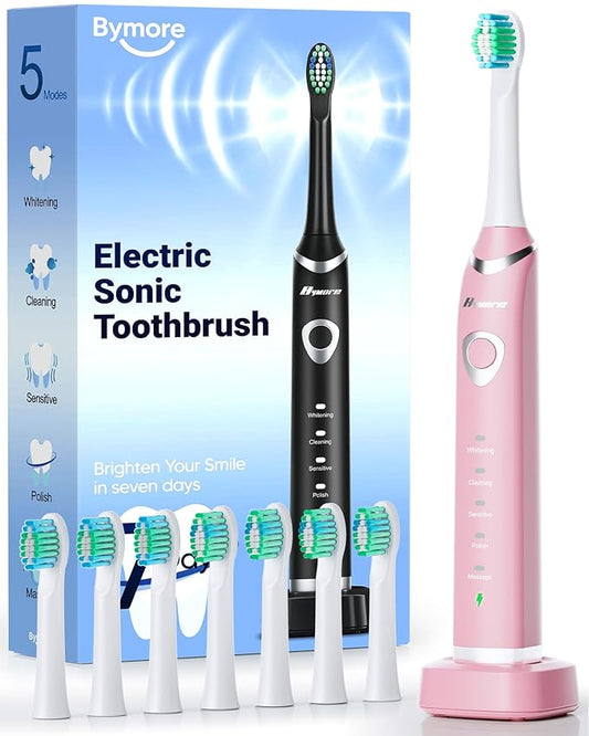 Bymore Electric Toothbrush for Adults,Travel Sonic Toothbrush with 8 Replacement Heads, Ultra Clean Rechargeable Toothbrush Portable Electric Toothbrush-Pink