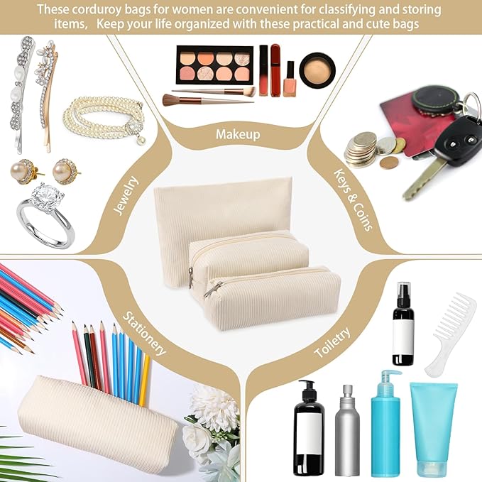 Huhumy 3 Pcs Makeup Bag Set for Women Corduroy Cosmetic Pouch Aesthetic Smile Travel Toiletry Bag Cute Purse Pouch Pencil Case Makeup Brushes Storage Organizer for Valentine(White,Solid Style)