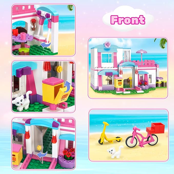 BRICK STORY Dream Girls Friends House Building Sets Beach House for Girls 319 PCS Seaside Villa with Swing Sun Lounger Building Kit Play Set Toys for Kids Aged 6-12
