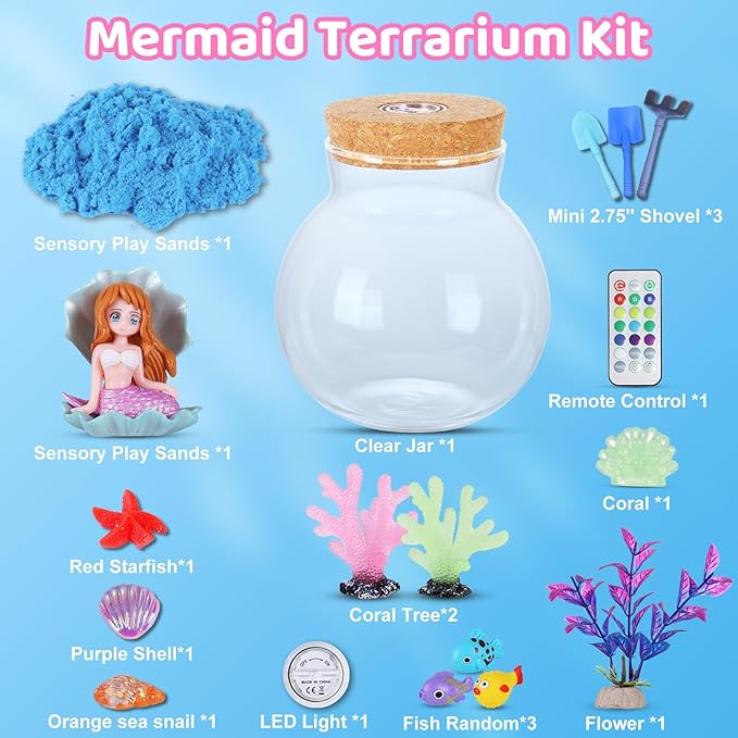 Kids Mermaid Terrarium Crafts Kit, Remote Control 13-in-1 LED Night Light Up Color, Mermaid Birthday Gifts Toys for Girls, DIY Mermaid Arts Toys Gifts for Girls Ages 4 5 6 7 8 9 10 11 12 Year Old