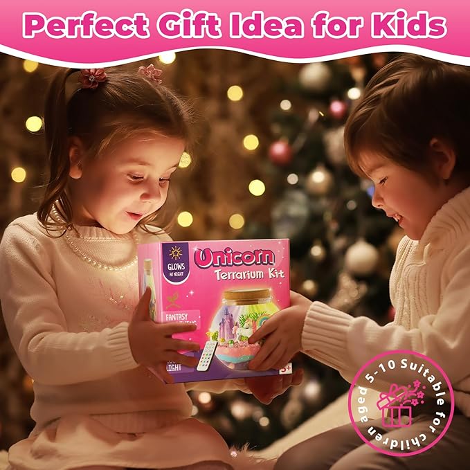 JOYEEMAX Unicorn Light-Up Terrarium Kit for Kids - LED Night Light Birthday Gift for Girls Ages 4 5 6 7 8-12 Year Old - Unicorn Toys for Girls - DIY Arts and Crafts Kit for Kids - Best Girls Presents
