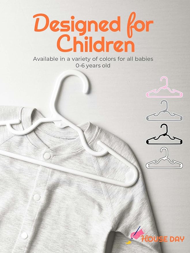 HOUSE DAY Kids Plastic Hangers for Closet, Childrens Hangers for Clothes & Baby Hangers, Toddler, and Child Clothes - Clothing, Pants, Coats, and More - Ideal for Everyday Use (White, 120 Pack)