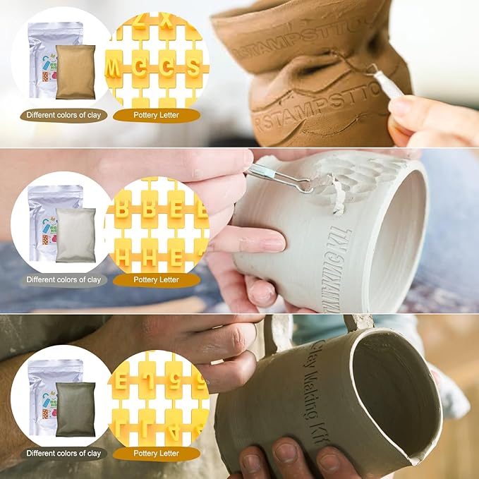 Air Dry Clay for Adults Kids - Pottery Kit for Beginners, Sculpting Tools Set, How-to-Guides, Paints, Brushes, Sponge, Varnish, Letter Stamps, Frosted Strip, Perfect for Party Holiday Craft Gift