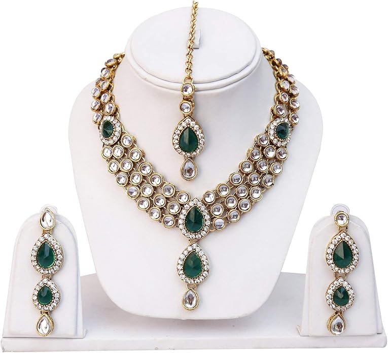 Aheli Indian Traditional Bollywood Kundan Maang Tikka Earrings Necklace Set Ethnic Jewelry Gift for Women Green Blue