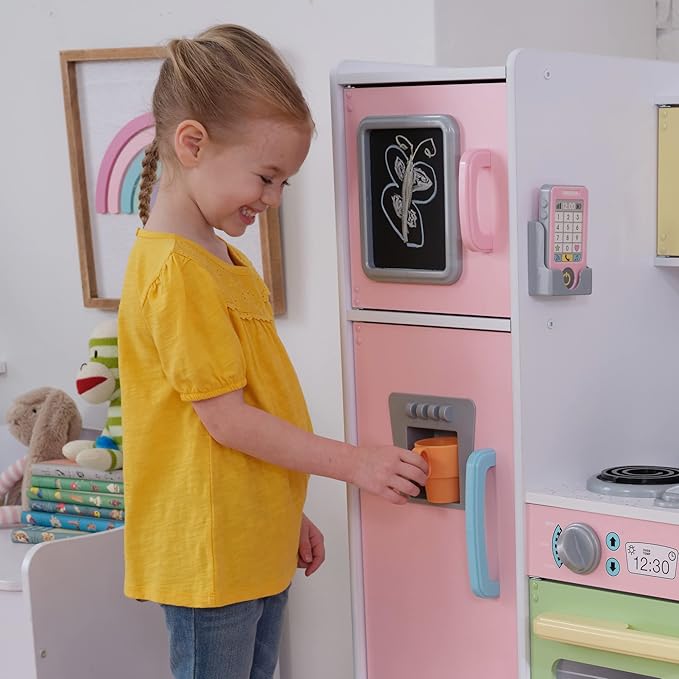 KidKraft Uptown Pastel Wooden Play Kitchen with Chalkboard, Play Phone, and See-Through Doors, Gift for Ages 3+