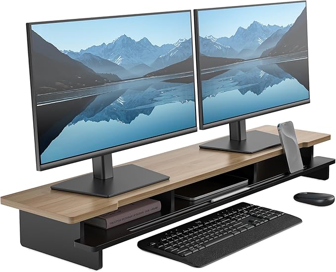 WELL WENG Monitor Stand Dual Monitor Stand Riser for Desk,Wood Desk Shelf Storage Organizer with Phone Tablet Holder (42.5 Inch, Black & Dark Bamboo)