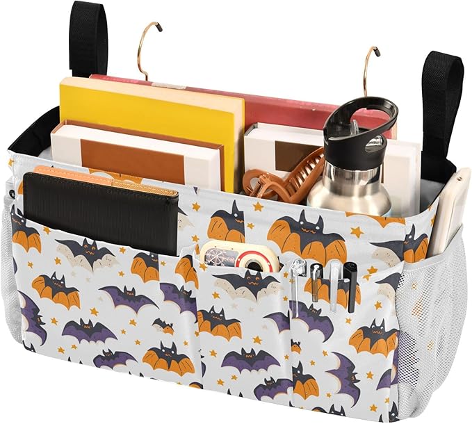 White Halloween Bats and Stars Bedside Caddy for Dorm Bed Bedside Hanging Caddy Bag Iron Frame Storage Organizer Pocket for Bunk Home College Hospital Beds 2 Hooks