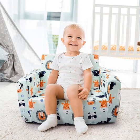 Kids Sofa, Comfy 2-in-1 Toddler Couch Fold Out, Convertible Sofa to Toddler Lounge Chair for Boys and Girls (Animal, Green)