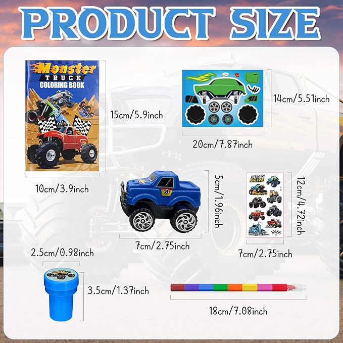 Cinrobiye 72Pcs Monster Truck Coloring Book with Crayons Bulk，Truck Car Party Favors Goodie Bags Fillers，Hot Wheels Birthday Party Supplies Face Stickers Tattoo Prizes Gift for Monster Truck Party