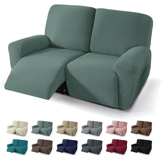 JIVINER 4 Pieces Recliner Loveseat Covers Stretch Recliner Sofa Slipcover with Elastic Bottom Jacquard Fitted Reclining Couch Cover Furniture Protector with Pockets (2 Seater, Pea Green)