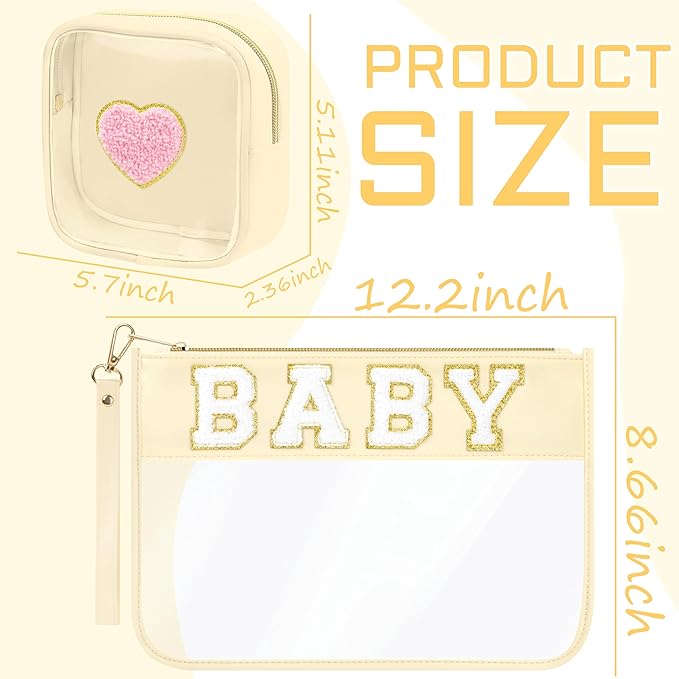 BuyCard 2 Pcs Preppy Patch Clear Baby Bag, Women Chenille Letter Makeup Cosmetic Bag for Travel, PVC Waterproof Organization Outdoor Zipper Pouch Toiletry Bag for Women Girl
