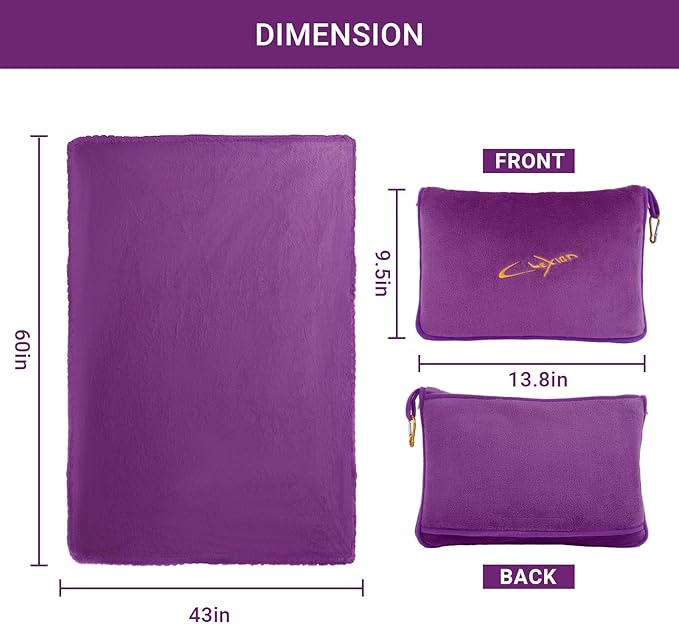 CLEXION Travel Blanket & Pillow Set, 300 GSM Soft Fleece, 60x43 Inches, 3-in-1 Airplane Blanket, Travel Pillow and Blanket Set, Travel Blanket Airplane Compact with Bag, Travel Essentials, Violet