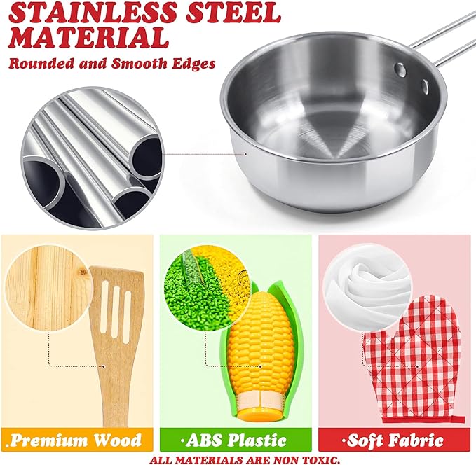 Kids Pretend Play Kitchen Toys Accessories Set, 32 Items Stainless Steel Toy Pots and Pans Sets w/ Rack Organizer, Metal Cooking Utensils & Apron, Play Food w/ Basket for Kids Girls Boys Toddlers