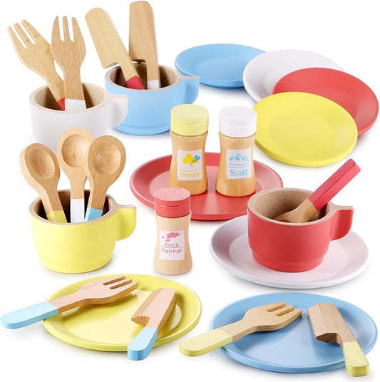 GAGAKU Wooden Play Dishes and Plates for Kids Kitchen Set 27 PCS Montessori Wooden Play Kitchen Accessories Kitchen Toy for Toddlers Wooden Play Cooking Set for 3-8 Years Girls and Boys